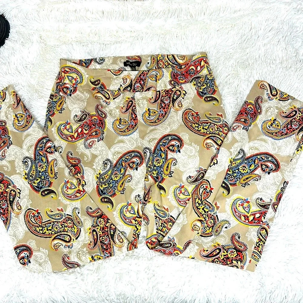 Melissa Paige stretch pants Size M red tan paisley 29" inseam pull on
